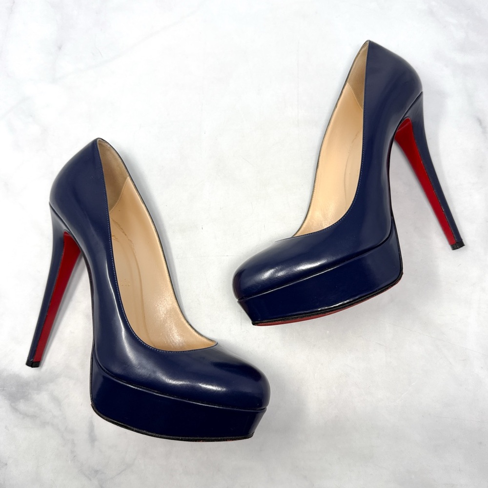 Christian Louboutin Bianca Leather Platform Closed Toe Stiletto Heel Pumps Navy
